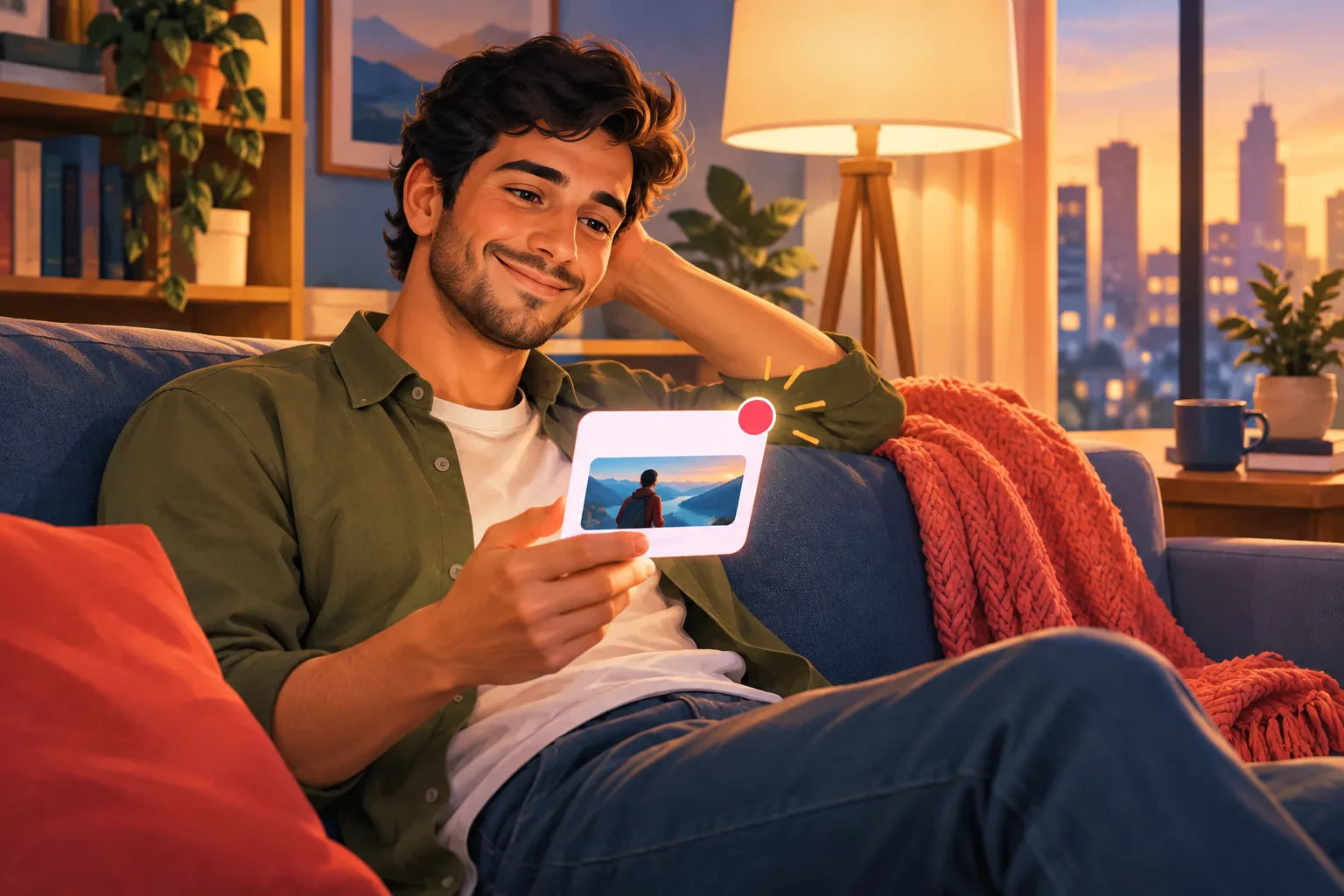 Relaxed man on a sofa in warm evening light smiling as a single clean email alert lands, no browser required