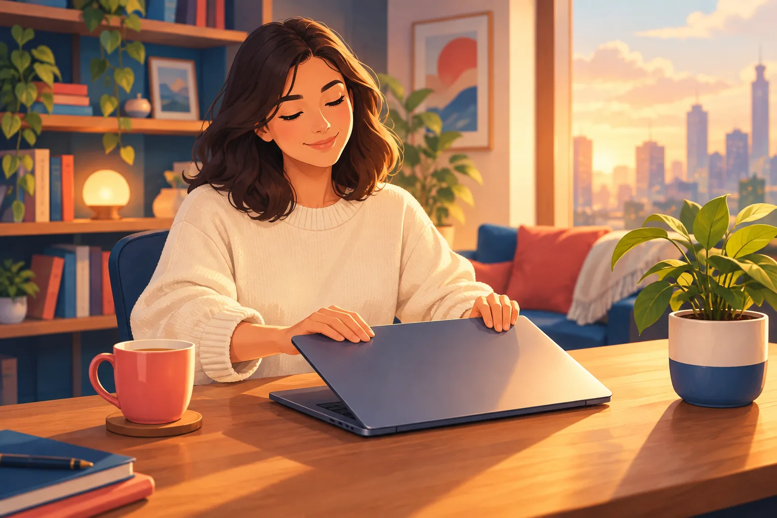 Woman closing her laptop with a calm, settled expression, confident she will hear about every upload anyway