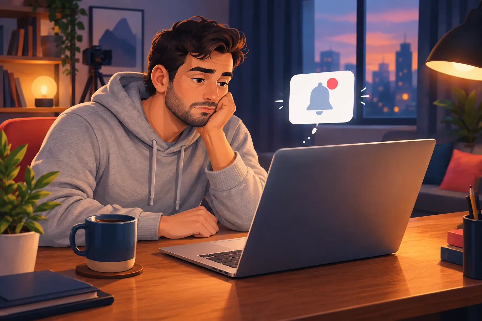 Man at a home desk staring at a silent laptop, waiting on a YouTube desktop notification that never arrived