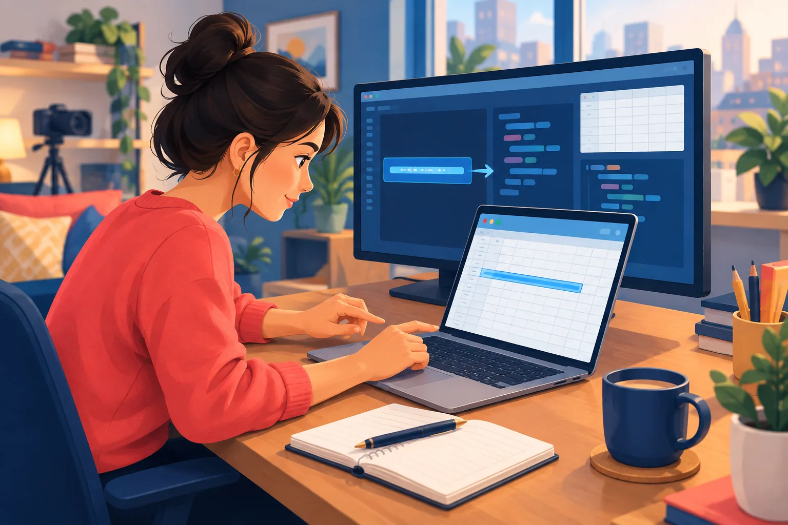 A focused person carefully pasting a long channel ID into a spreadsheet cell while reading code on a second screen