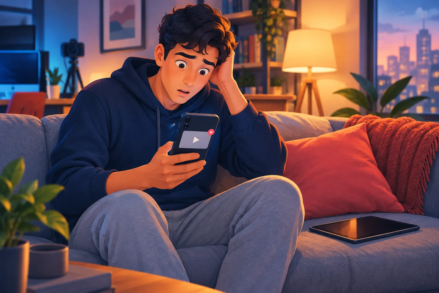 A person on a couch looking at a phone with a surprised concerned expression, realizing an upload happened hours ago with no alert