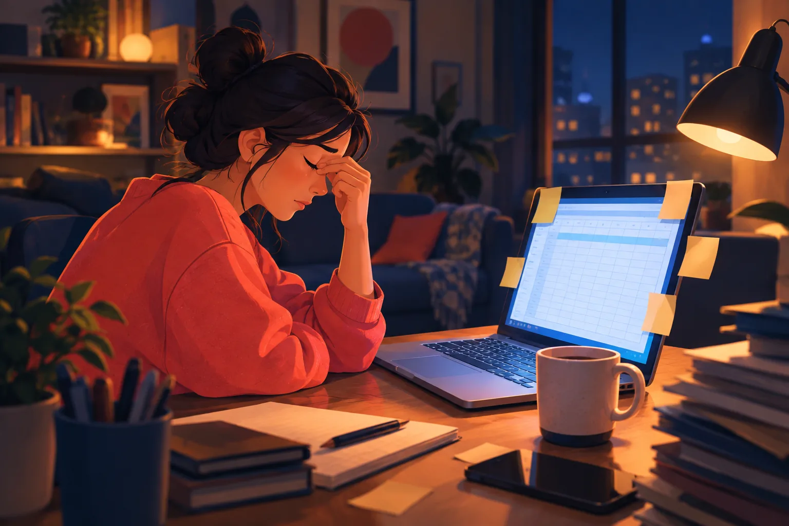 A tired person late at night surrounded by sticky notes and an open laptop, rubbing their eyes while a spreadsheet glows on screen