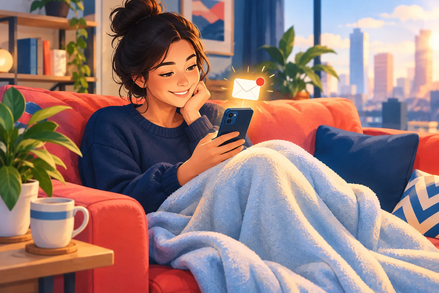 A relaxed person smiling at a phone on a bright sofa as a single clean upload-alert email arrives on its own