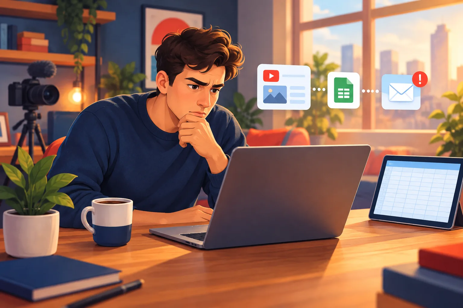 Person at a desk troubleshooting a broken YouTube email alert script in a spreadsheet