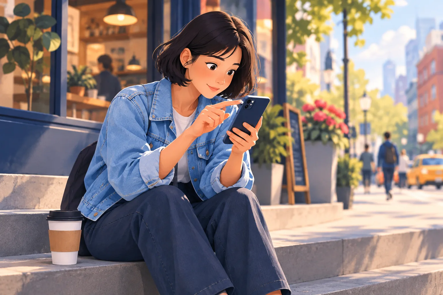 Young woman on cafe steps tapping the top corner of her phone screen, curious as she finds the notification list