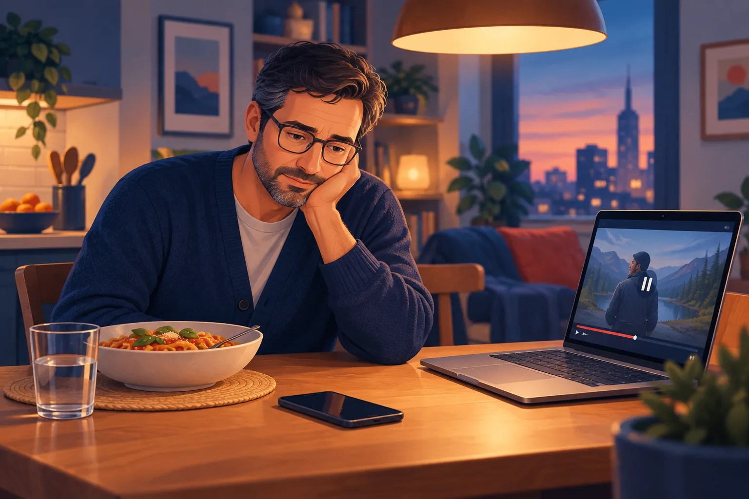 Middle-aged man at a kitchen table looking puzzled at a silent phone beside a laptop paused on a channel he used to watch