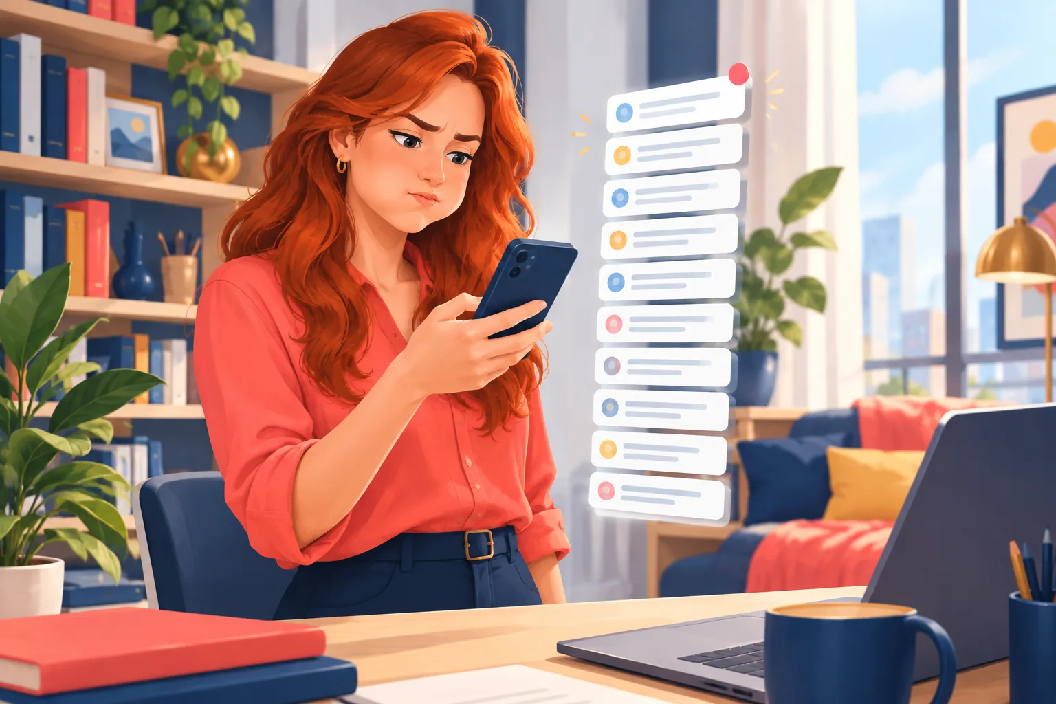 Woman in a bright home office scrolling a long list of unwanted alerts on her phone, cheeks puffed in mock frustration