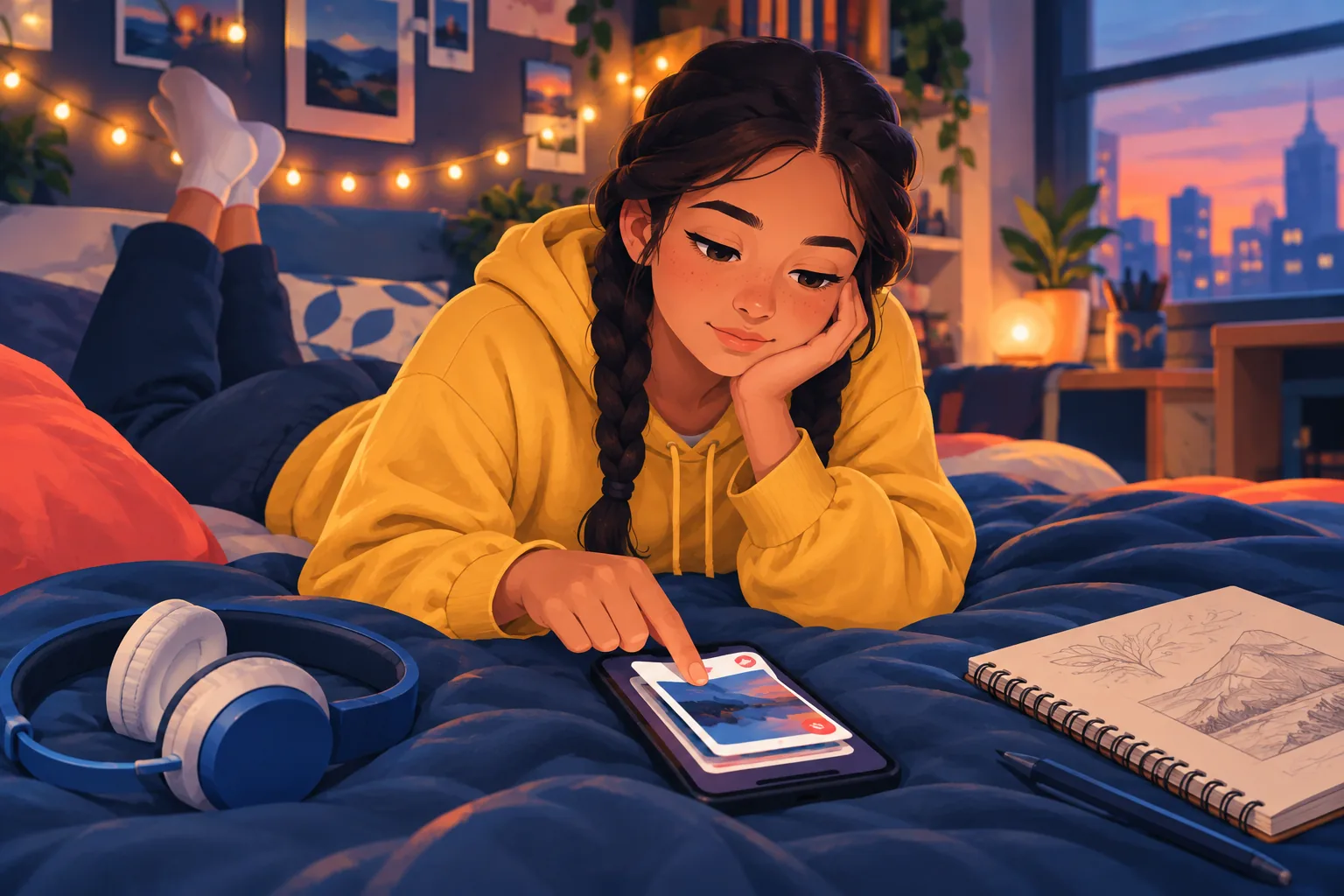 Teenage girl lying on her bed swiping notifications away one at a time on her phone, patient and a little bored
