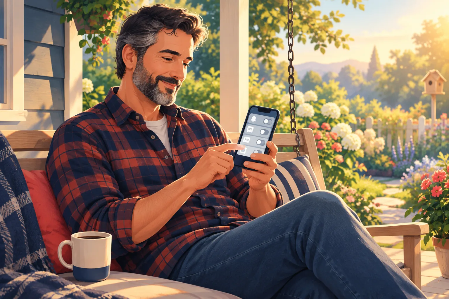 Man with a salt-and-pepper beard on a porch swing switching off noisy alerts on his phone, calm and satisfied