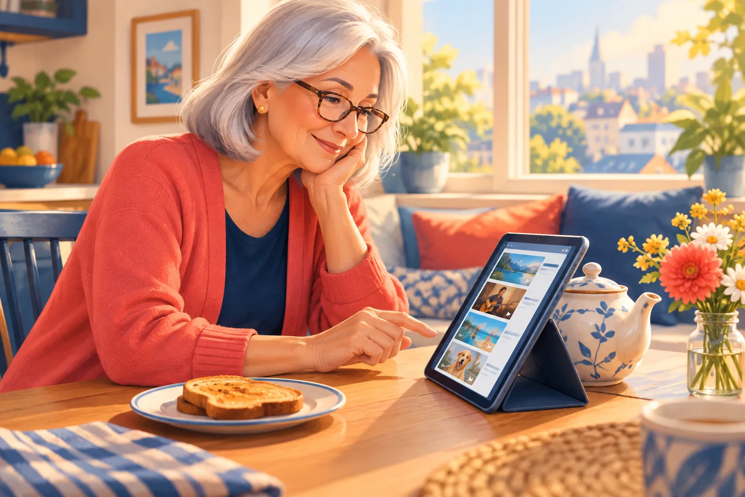 Older woman at a sunny breakfast nook scrolling back through video thumbnails on a tablet, smiling as she finds one she missed