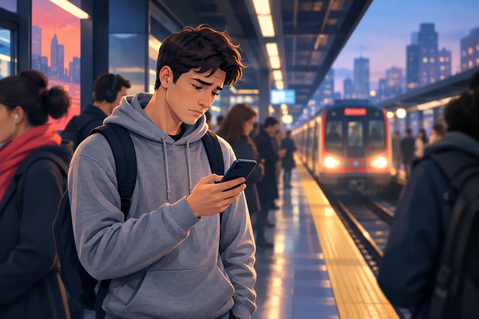 Young man on a busy subway platform looking disappointed at his phone after learning a video went live hours ago