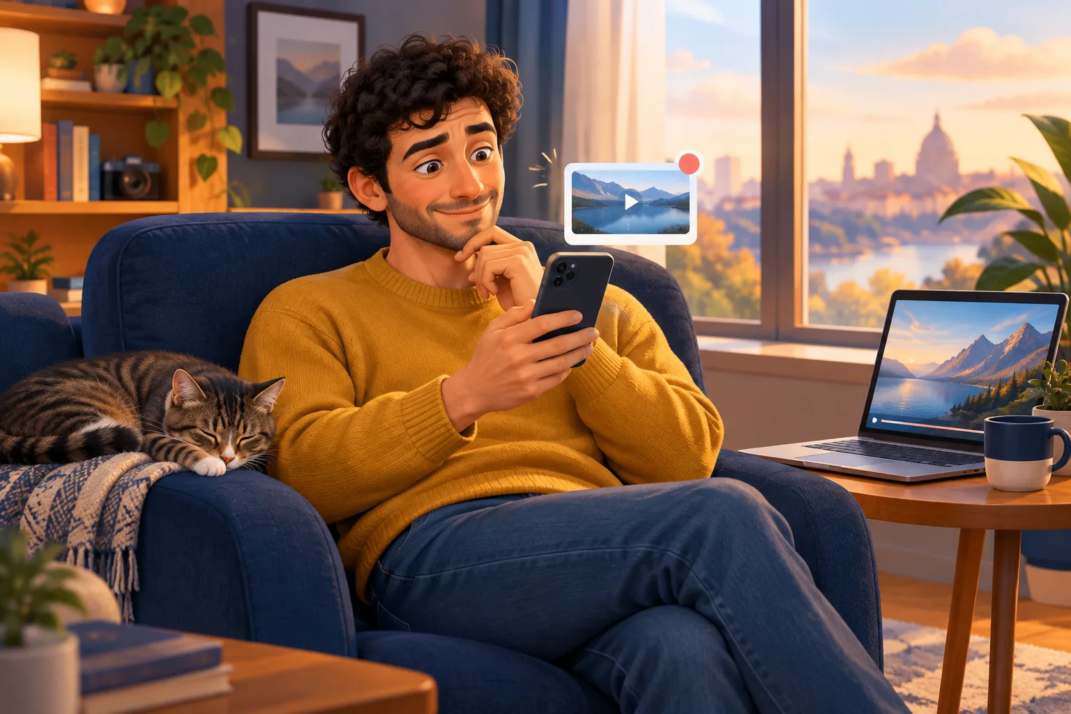 Man in an armchair finding a missed YouTube upload alert inside the app, half amused and half annoyed
