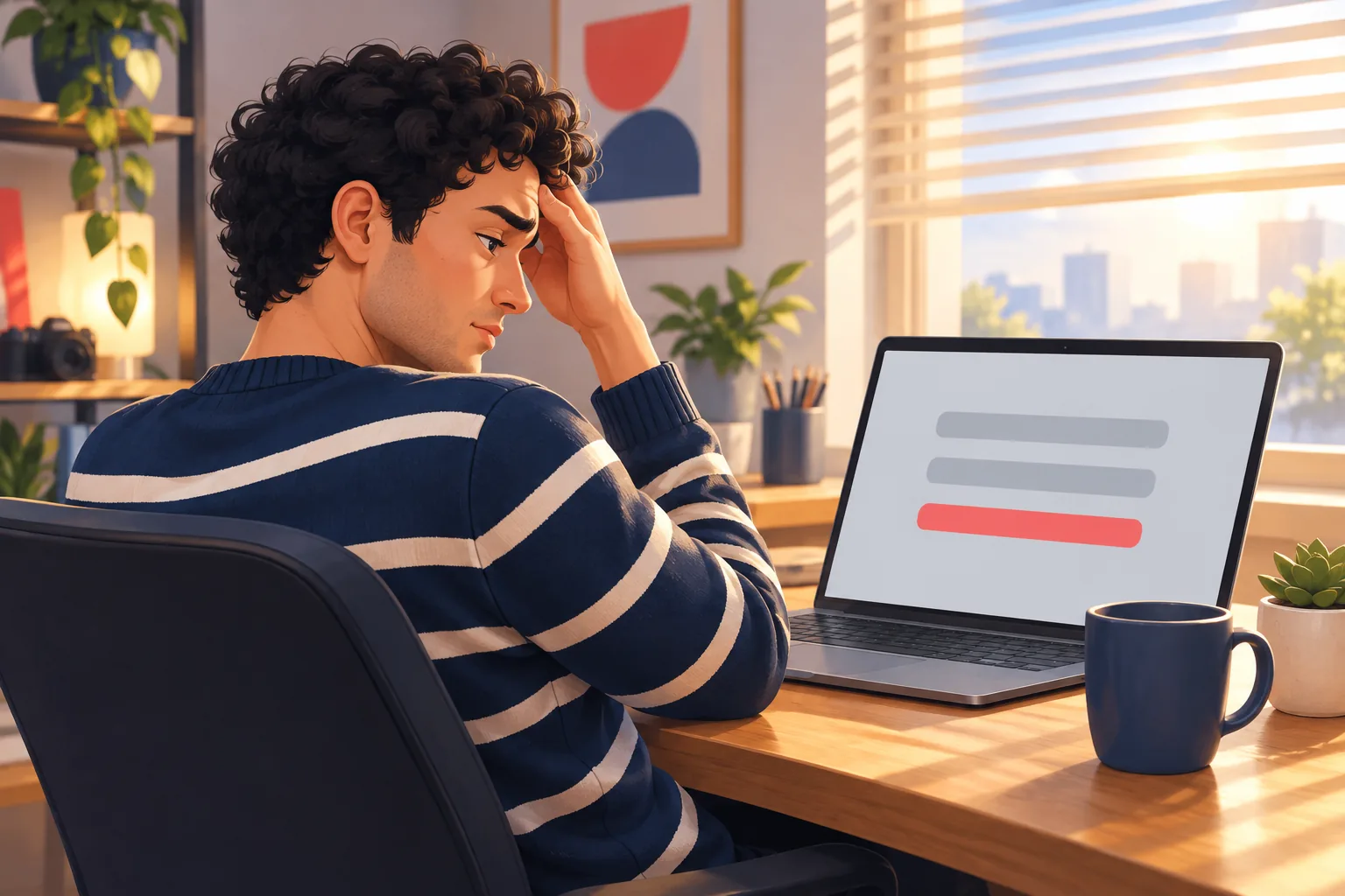 Man at a home office desk rubbing his forehead after his laptop asks him to sign in to YouTube again