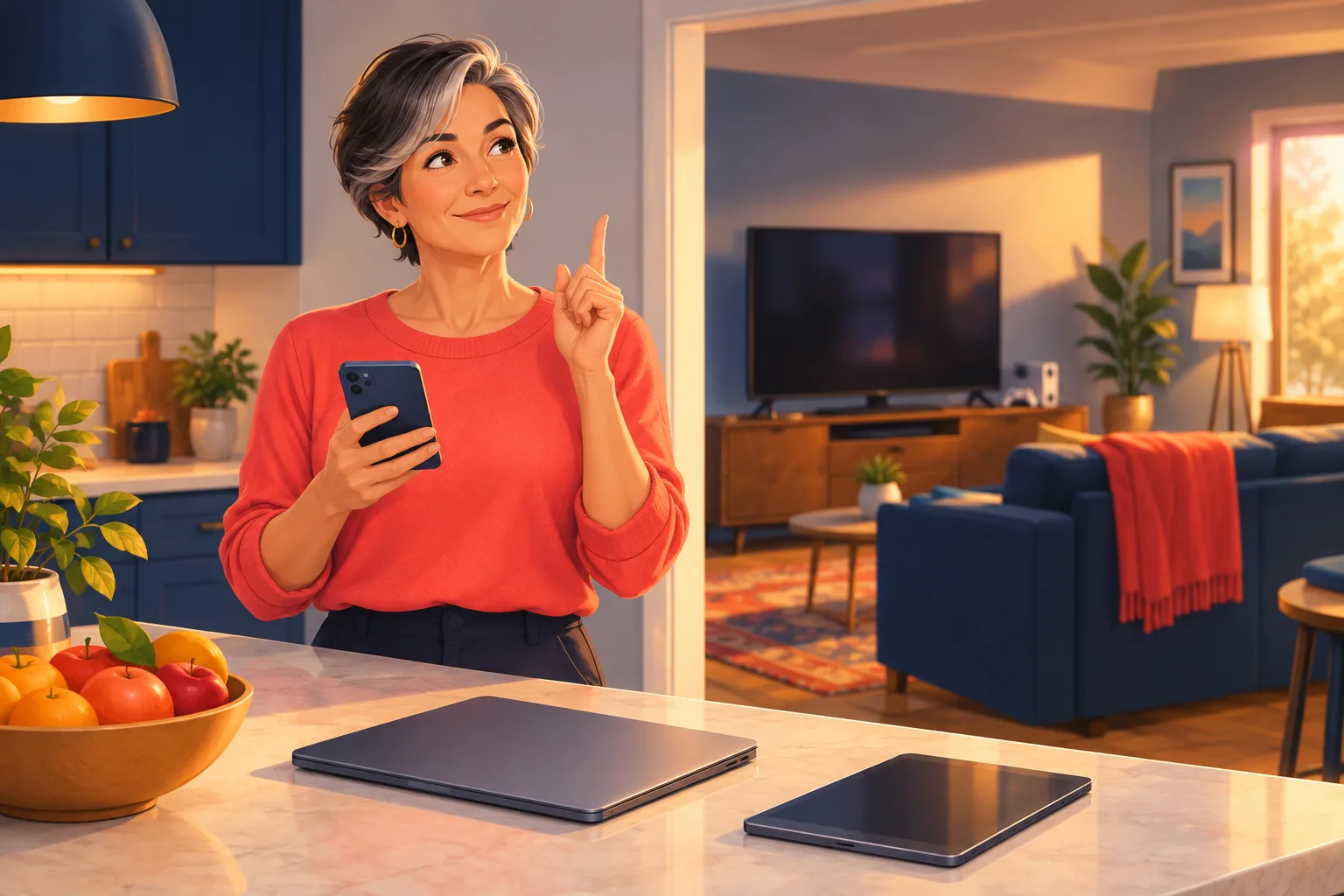 Woman at a kitchen island looking at her phone and realizing her password change signed out the TV in the next room