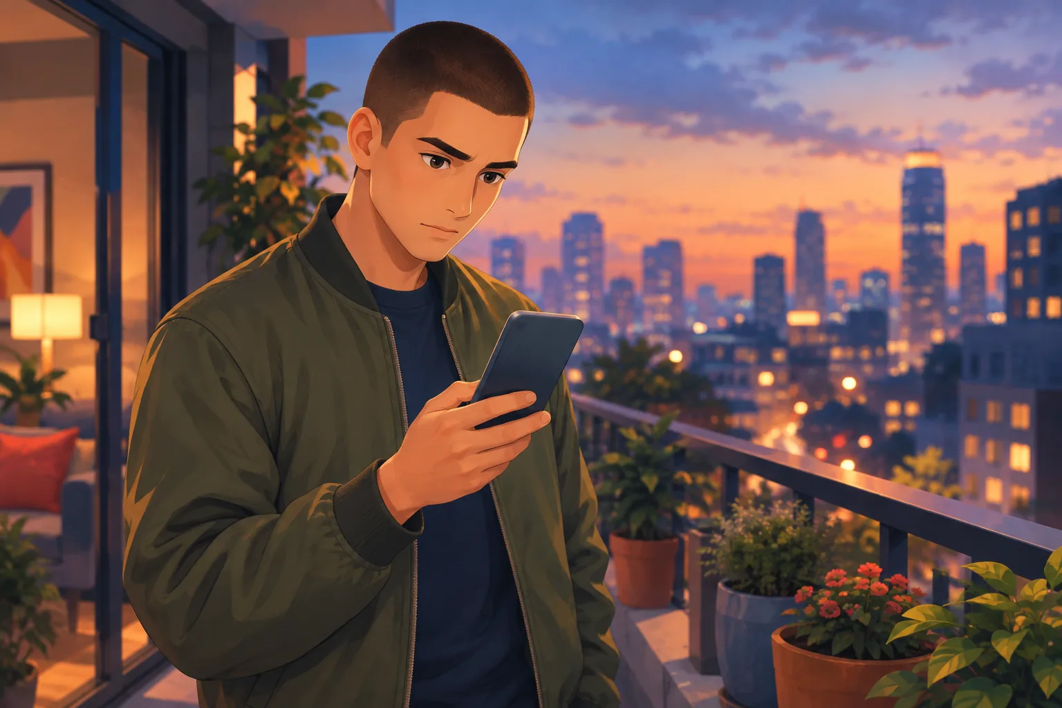 Young man on a city balcony at dusk carefully checking which devices are signed in to his account