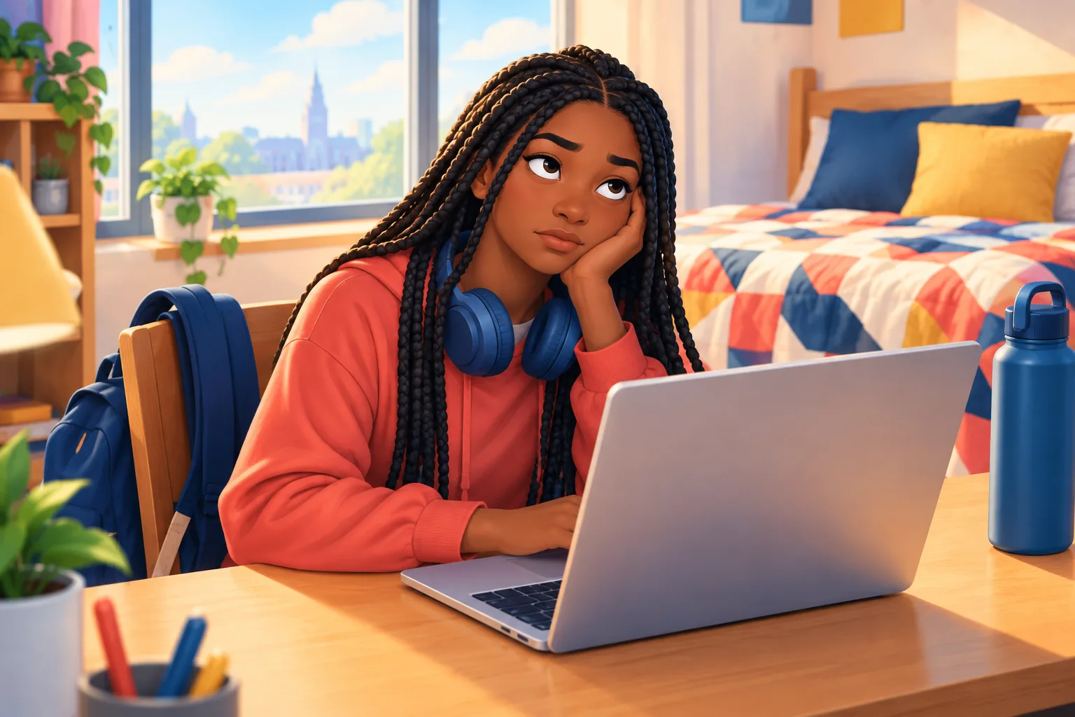 Teenage student in a dorm room rolling her eyes as her school laptop asks her to sign in again