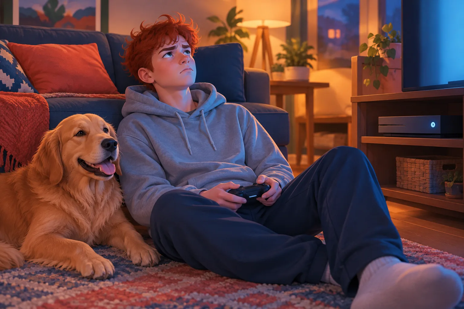 Teenage boy on a living room rug holding a game controller and looking up at the TV in frustration