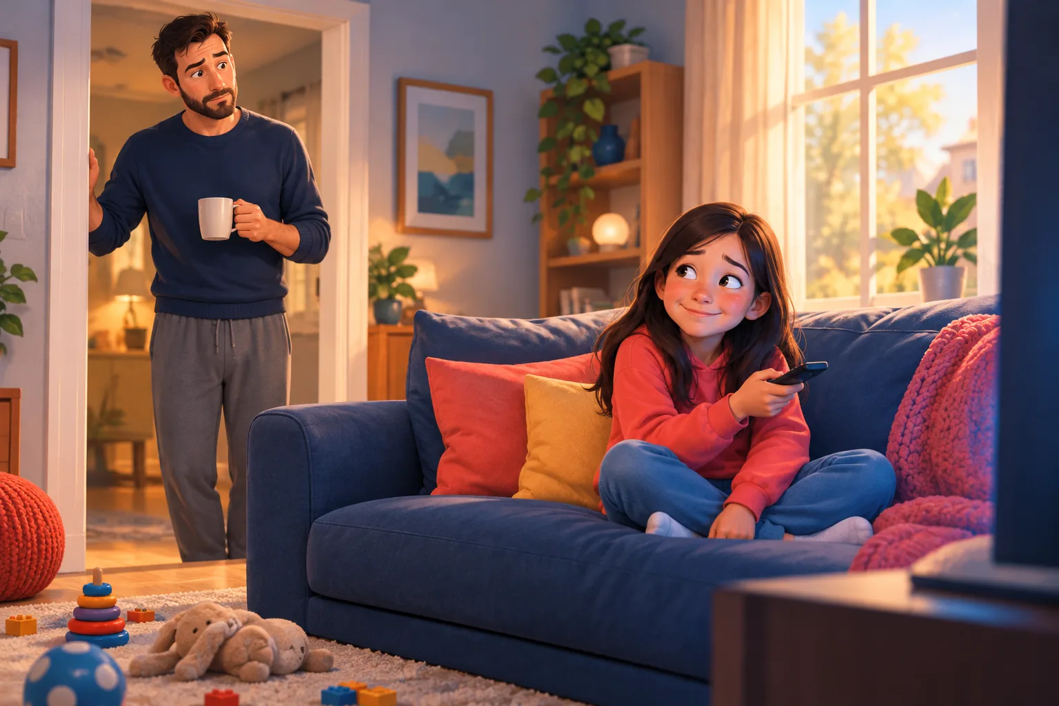 Father in a doorway looking puzzled while his young daughter holds the TV remote with a guilty grin