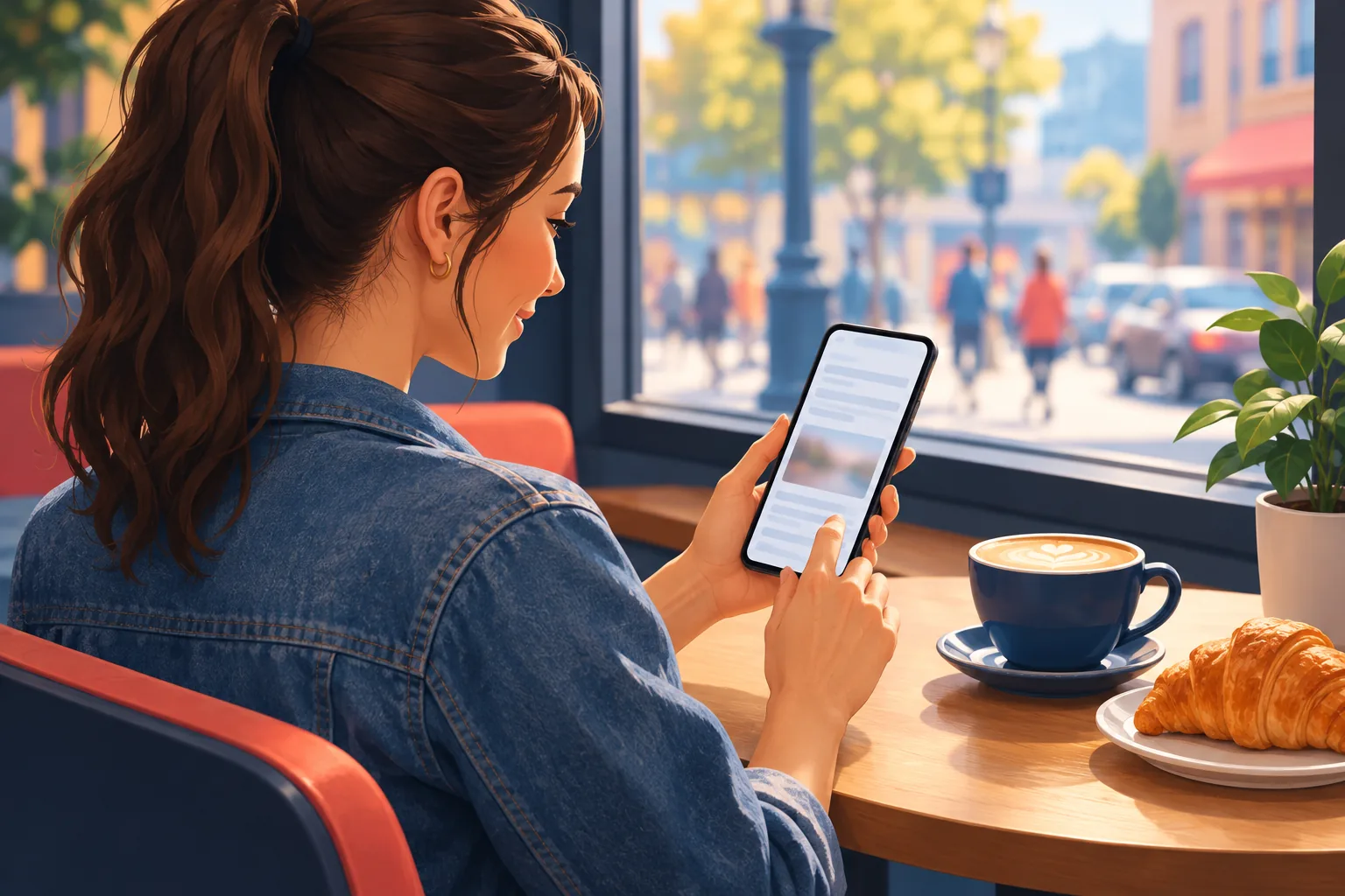 Woman at a cafe window table smiling as a new upload email arrives on her phone