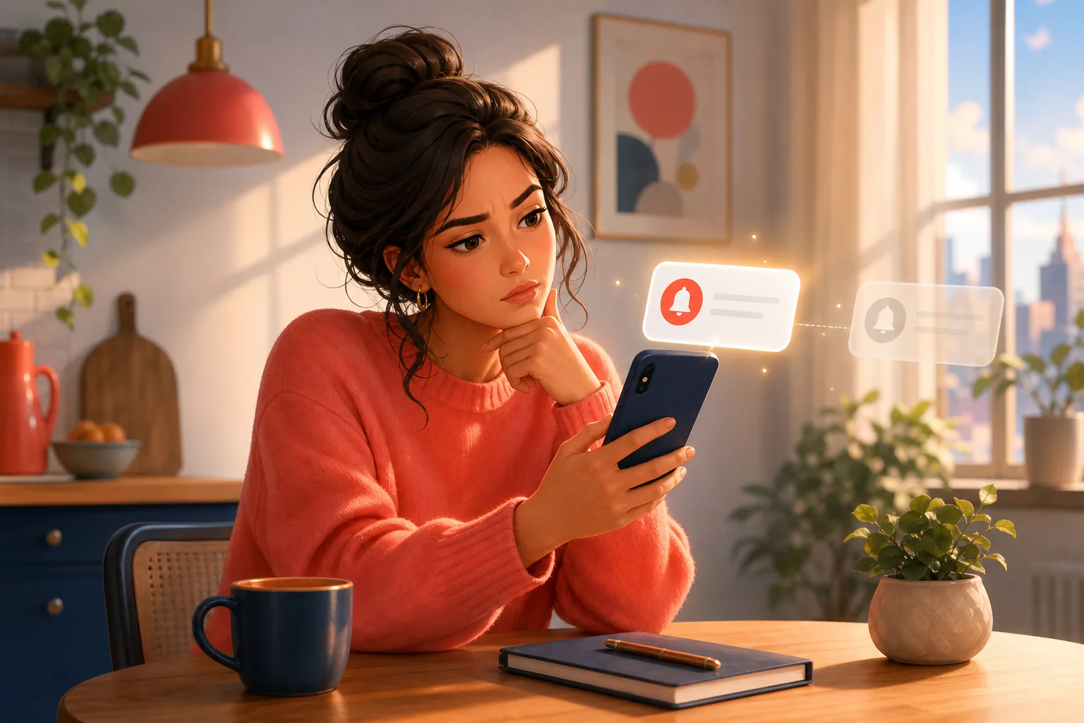 Woman studying her phone at a kitchen table, trying to understand why some YouTube alerts arrive and others never do