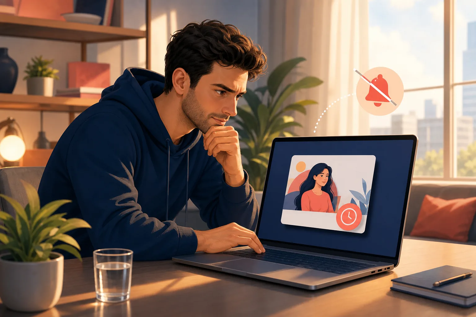 Man checking a creator's channel page directly on his laptop rather than waiting for a premiere alert that never came