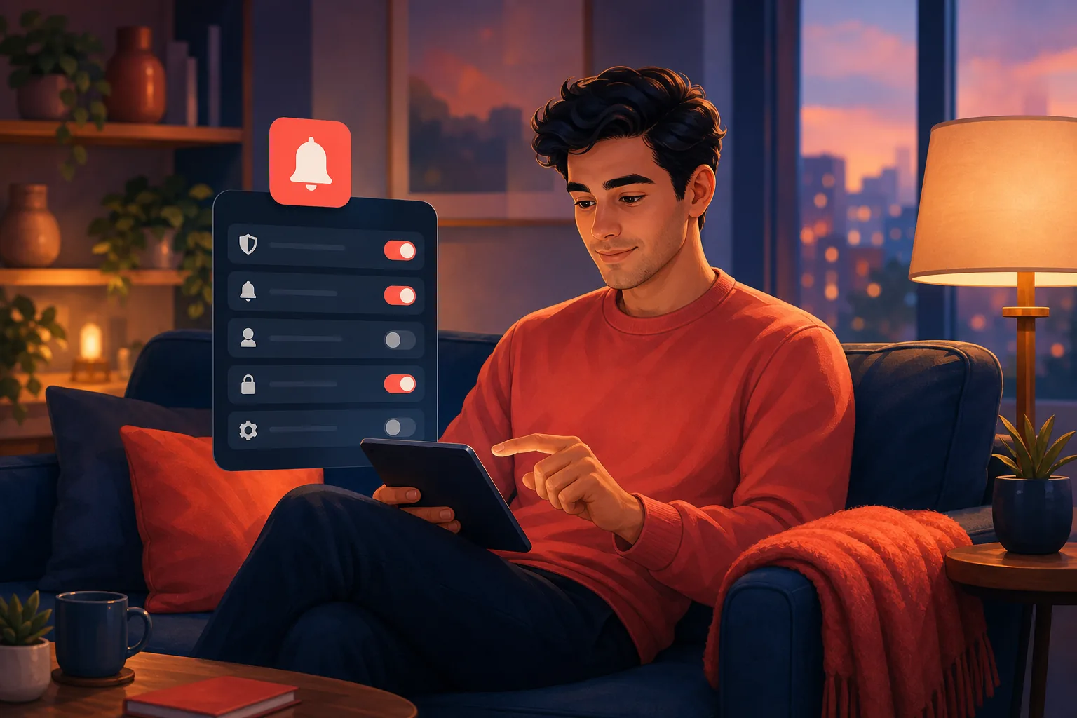 Man calmly toggling notification settings on a tablet, methodically working down a short checklist