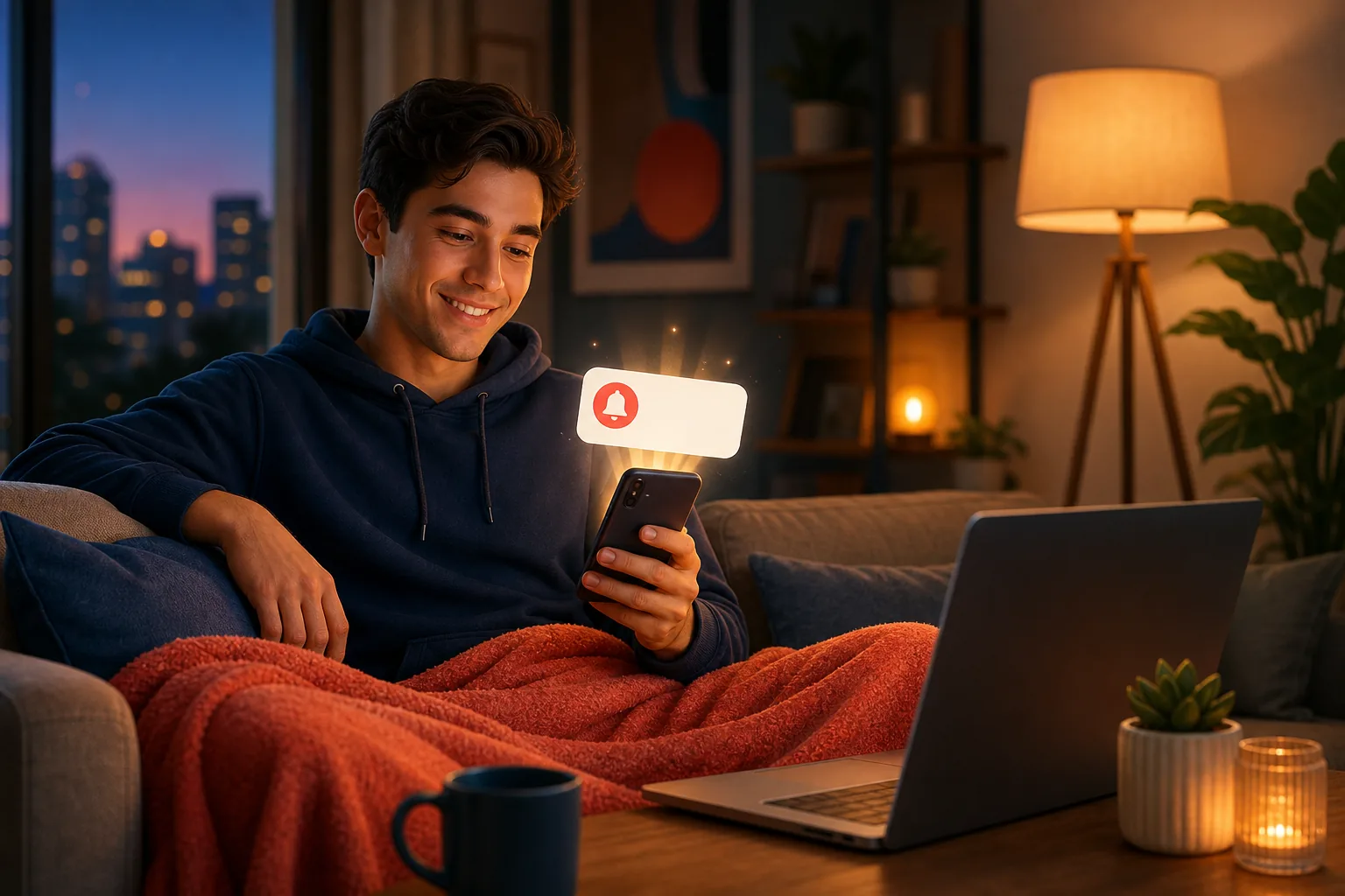 Relaxed fan smiling on his couch as a clean, on-time email alert lands the instant a live stream begins