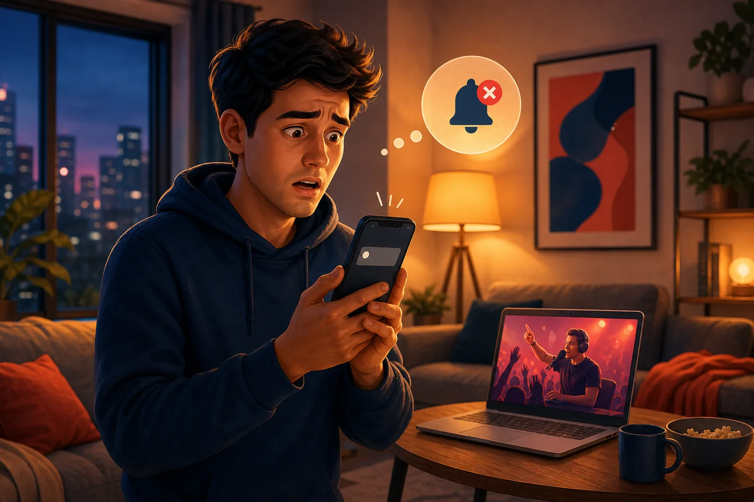 Dismayed fan holding his phone, realizing a favorite creator's live stream already started and no notification ever arrived