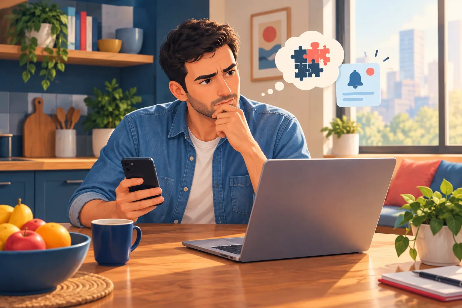 Man at a kitchen table tracing the path of a missed alert across his phone and laptop, piecing the layers together