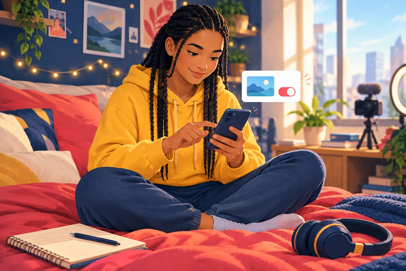 Young woman scrolling her subscriptions and switching a channel's bell from personalized to all, with a determined look