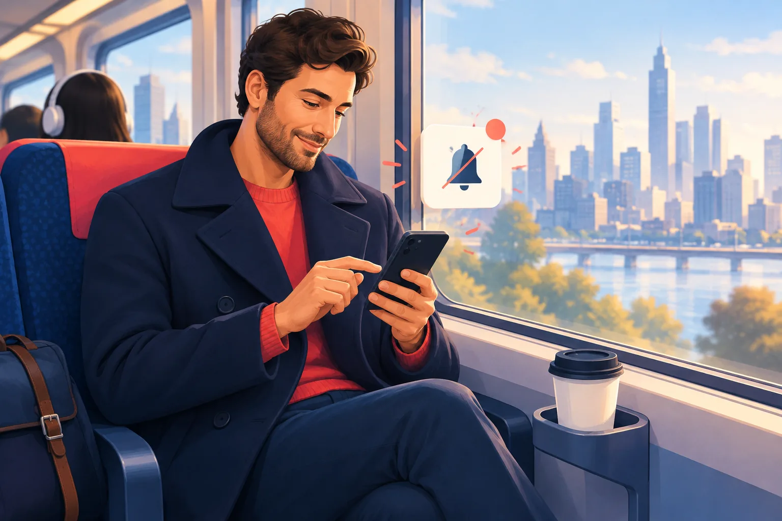 Man on a morning commute train reviewing a settings screen on his phone, turning off noisy alerts with quiet satisfaction