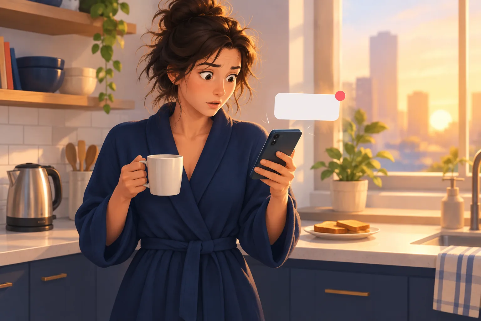 Sleepy woman in the morning finding a silent overnight notification she missed, holding a coffee mug