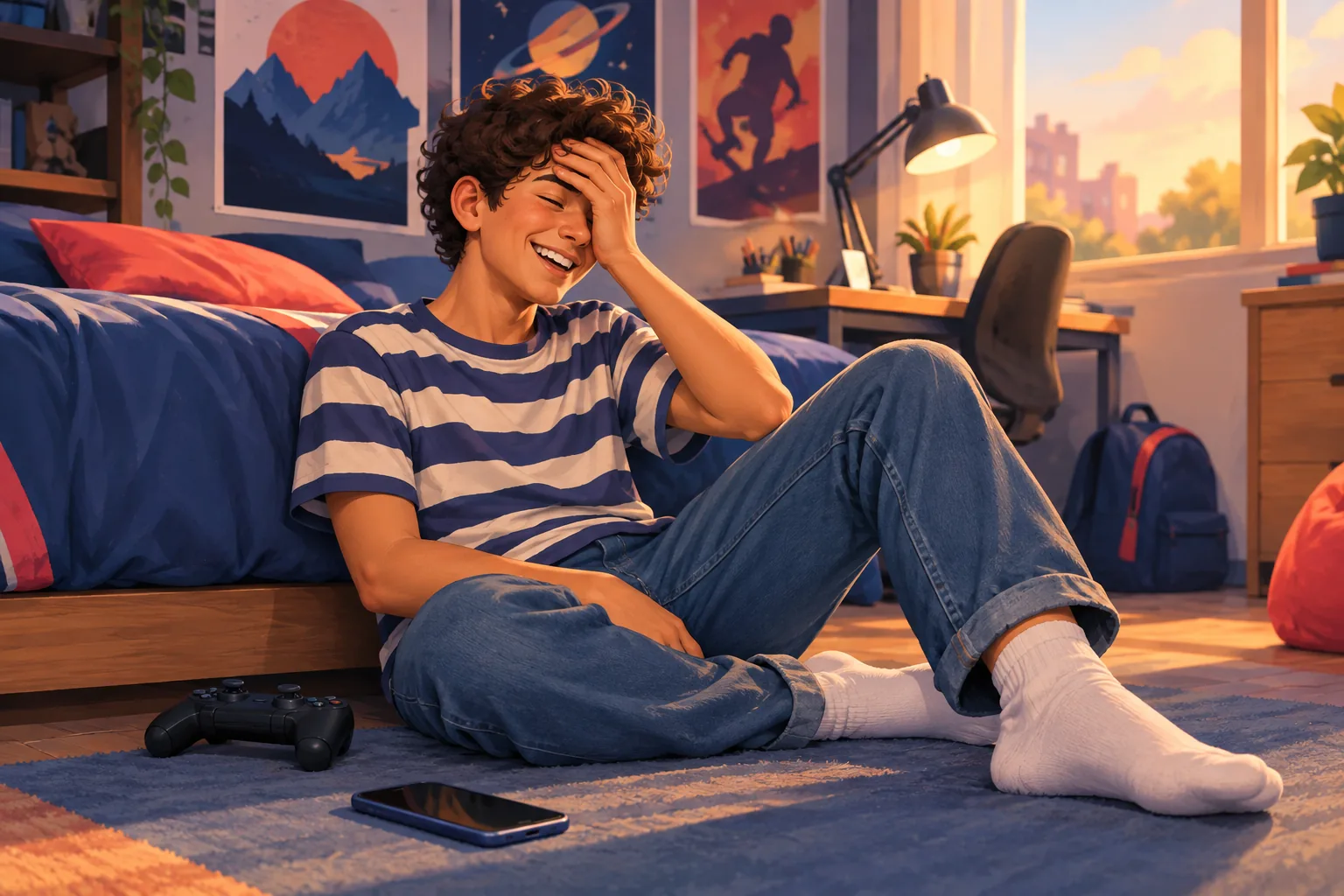 Teenager on a bedroom floor discovering his phone's focus mode was silencing everything, laughing at himself