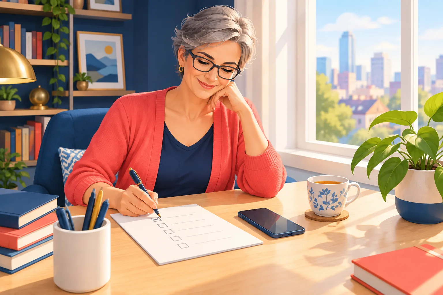 Woman at a sunny desk ticking off a paper checklist beside her phone, a small proud smile