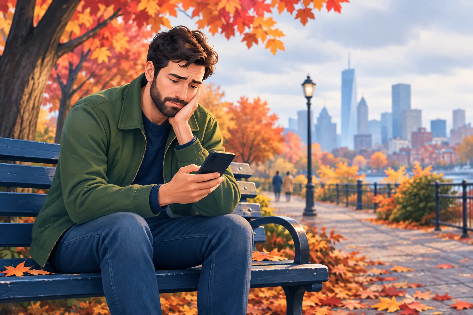 Man on a park bench checking his phone and finding no alert for an upload he knew went live, mildly frustrated