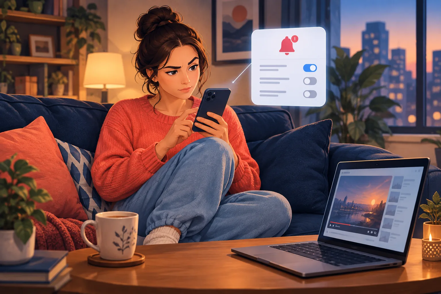 Woman on a sofa carefully adjusting YouTube notification settings on her phone, focused and a little skeptical