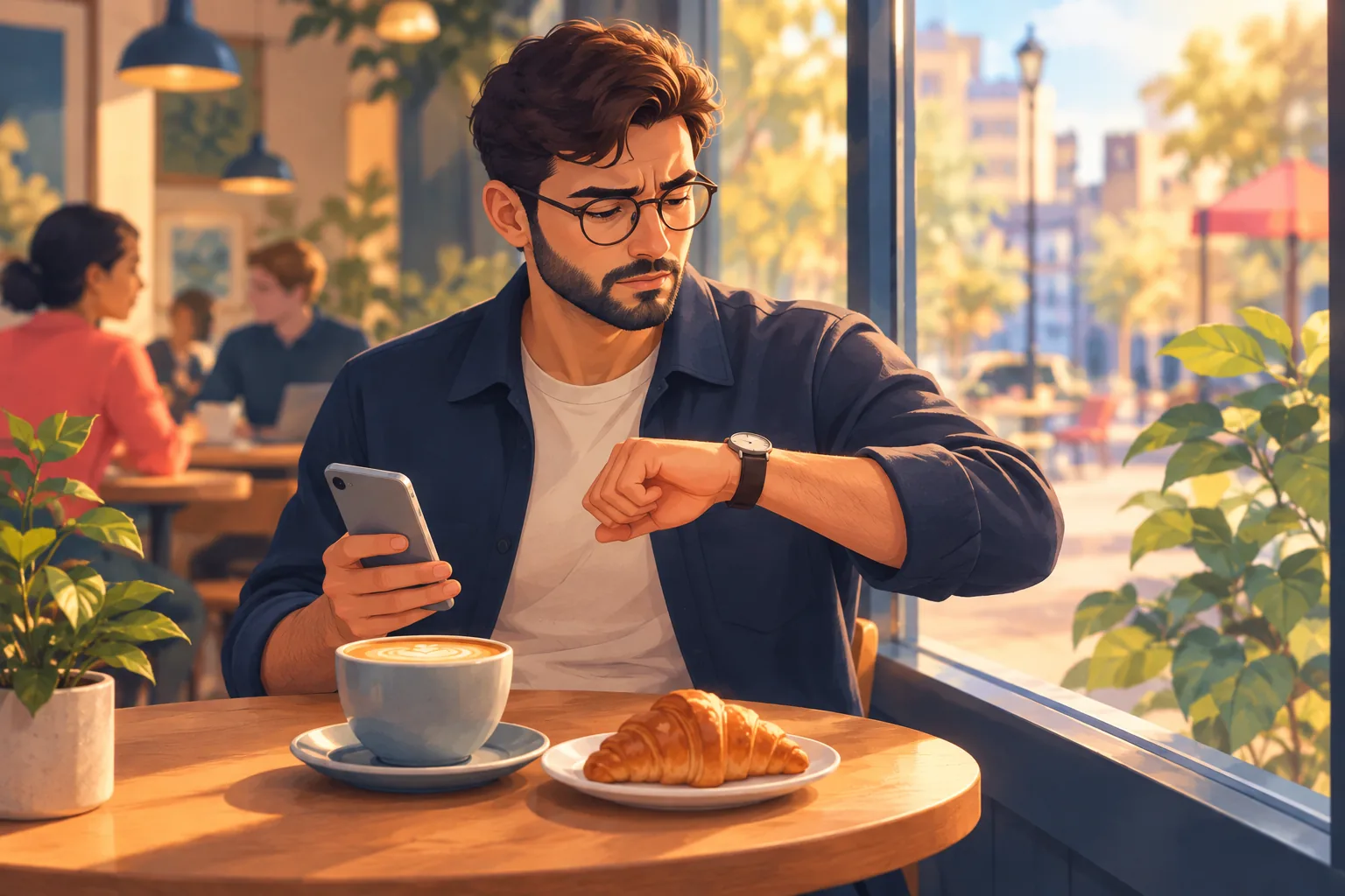 Man at a cafe table checking his wristwatch against his phone, working out how late an alert arrived