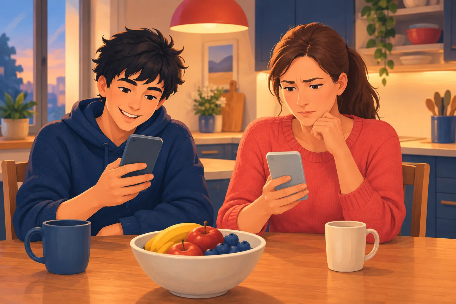 Mother frowning at her quiet phone while her teenage son beside her already watches the same new video