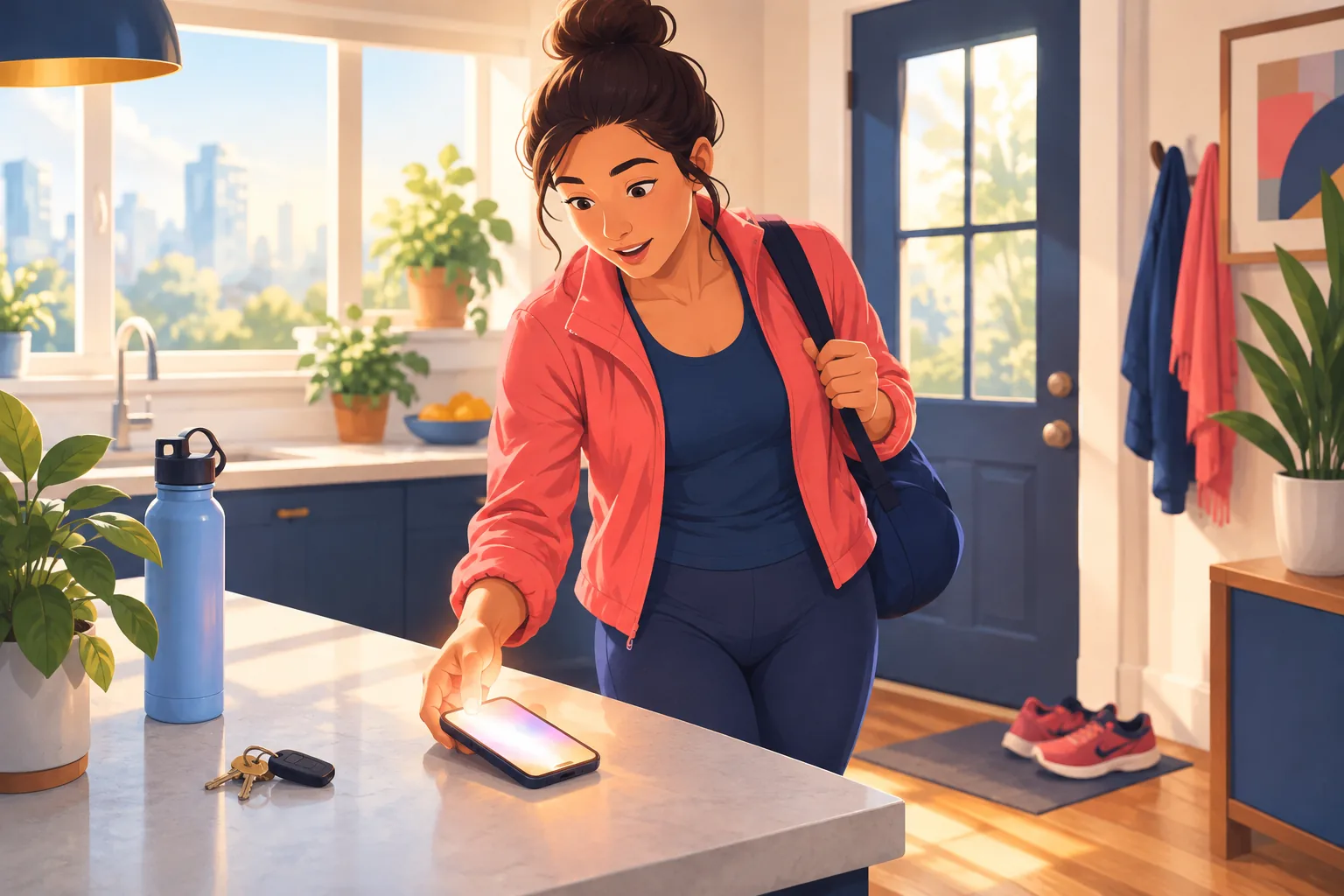 Woman back from a morning run picking up her phone from the counter as held alerts arrive all at once