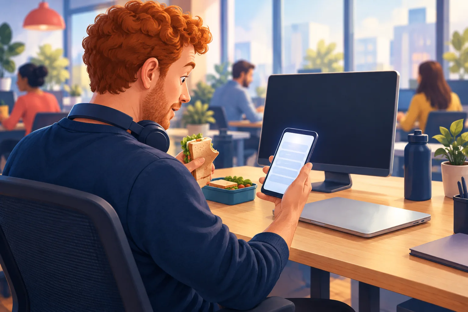 Man at his office desk at lunch looking at his phone as a group of held-back alerts arrives together