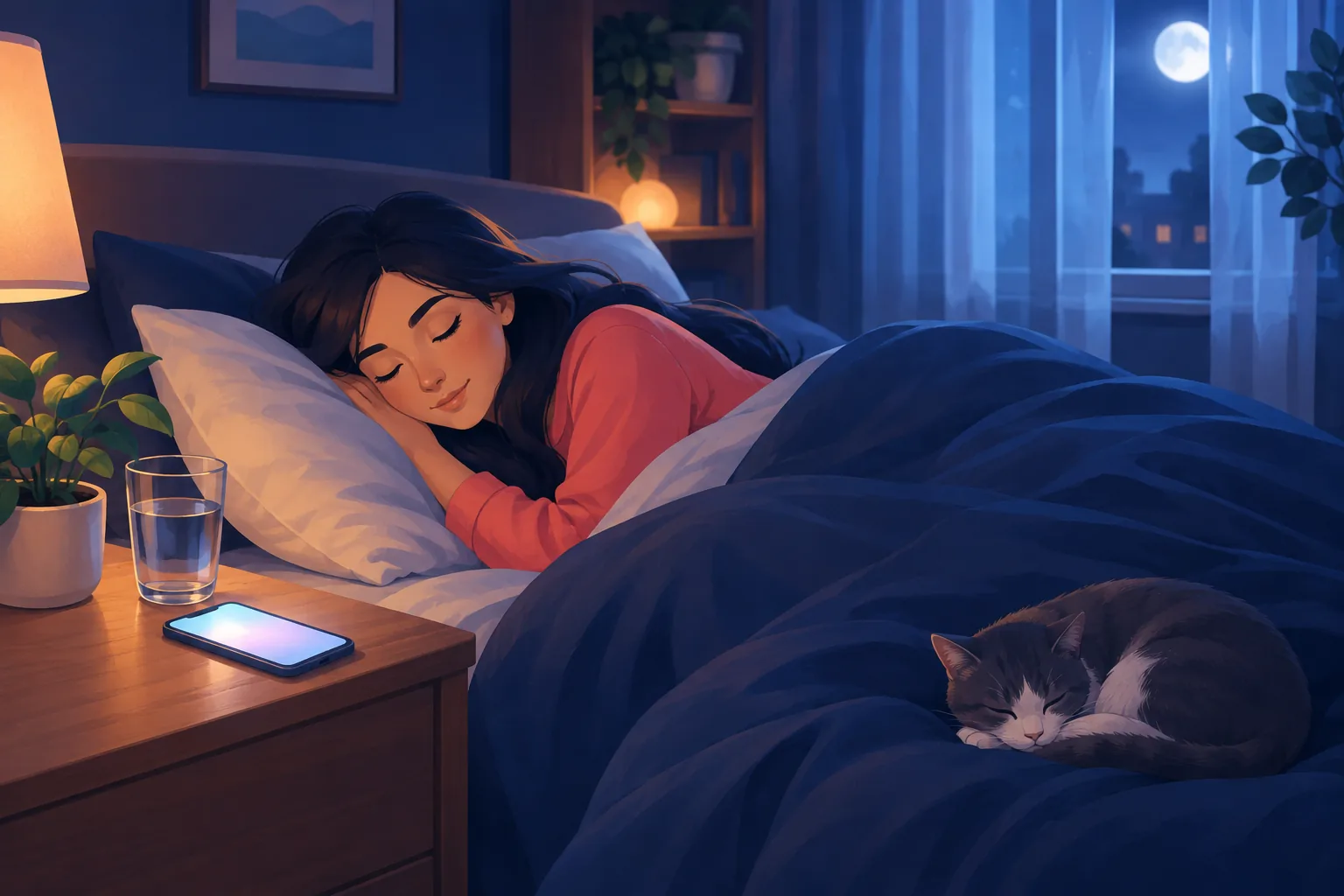 Woman asleep at night while her phone glows silently on the nightstand and a cat sleeps at the foot of the bed