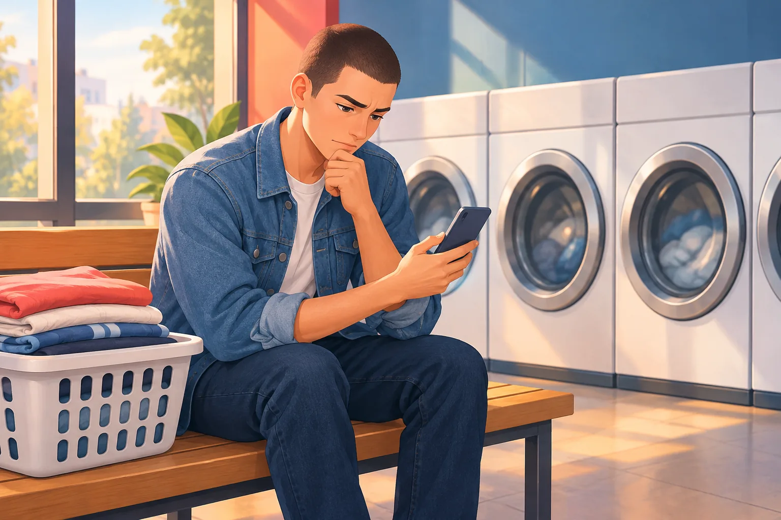 Young man waiting in a laundromat, puzzled that a channel he follows posted again but his phone stayed silent