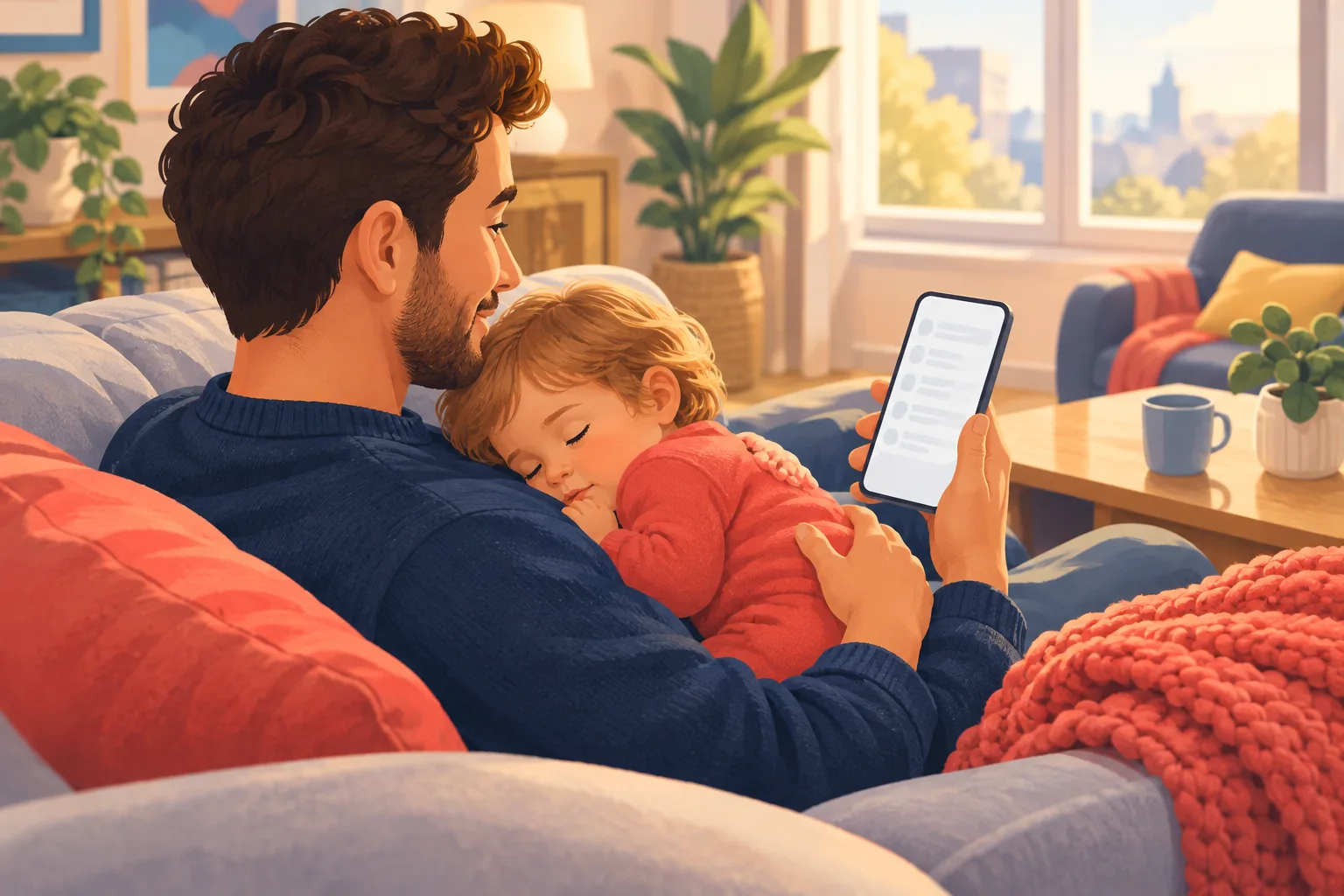 Young dad on the sofa with a sleeping toddler on his chest, smiling as he reads an upload email on his phone
