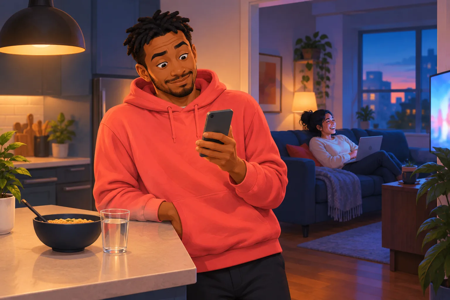 Man in his kitchen frowning at a late YouTube alert while his roommate already watches the new video