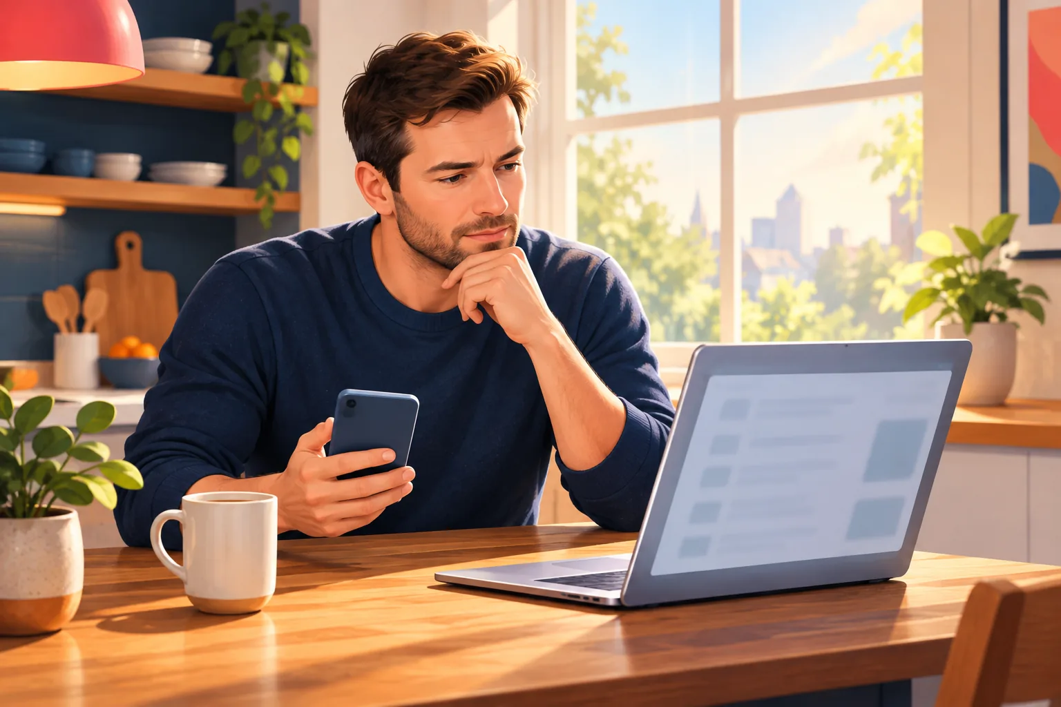 Man at his kitchen table glancing between his phone and laptop, working out which setting is blocking his alerts