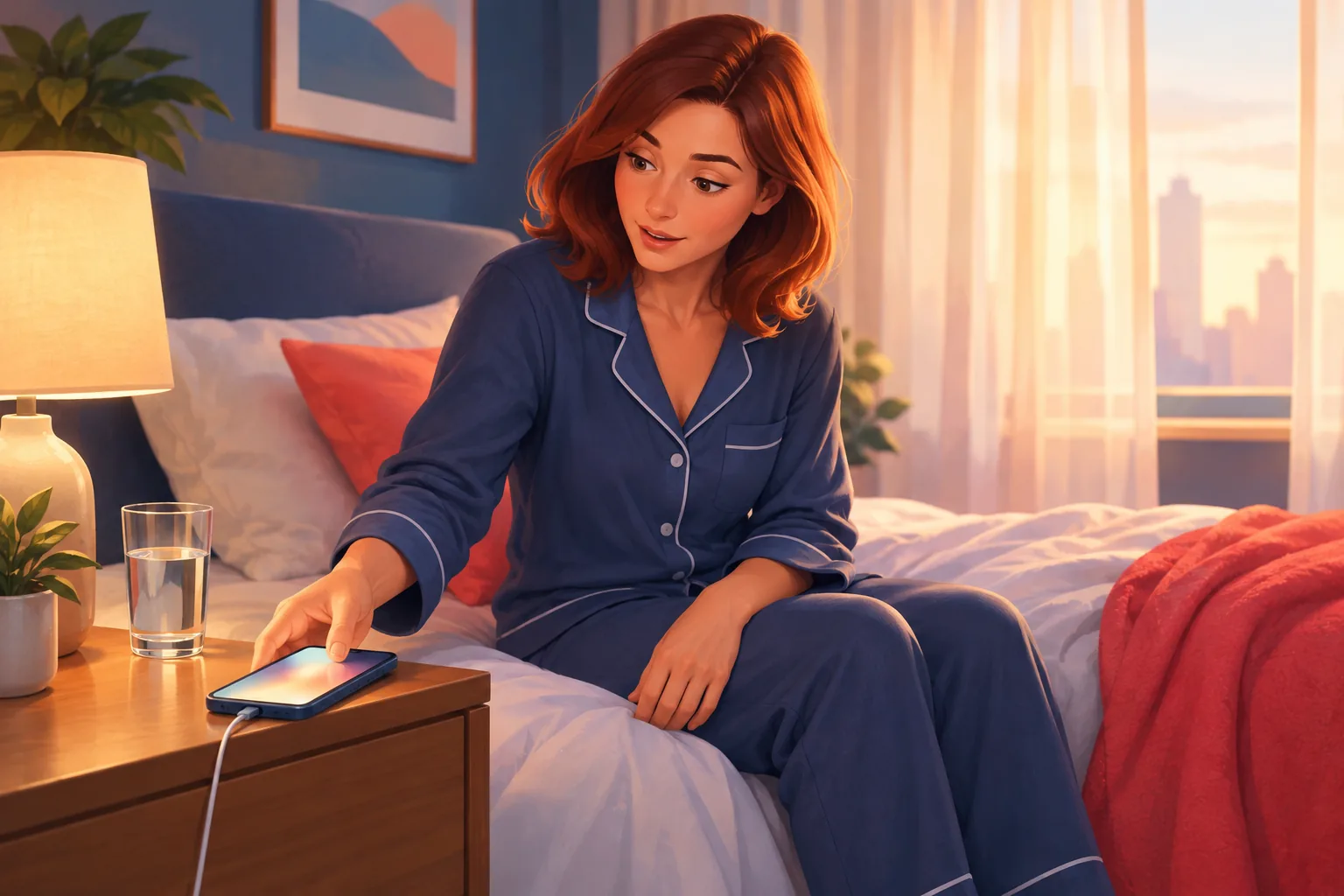 Woman sitting on the edge of her bed in the morning, surprised as her phone lights up with alerts that waited all night