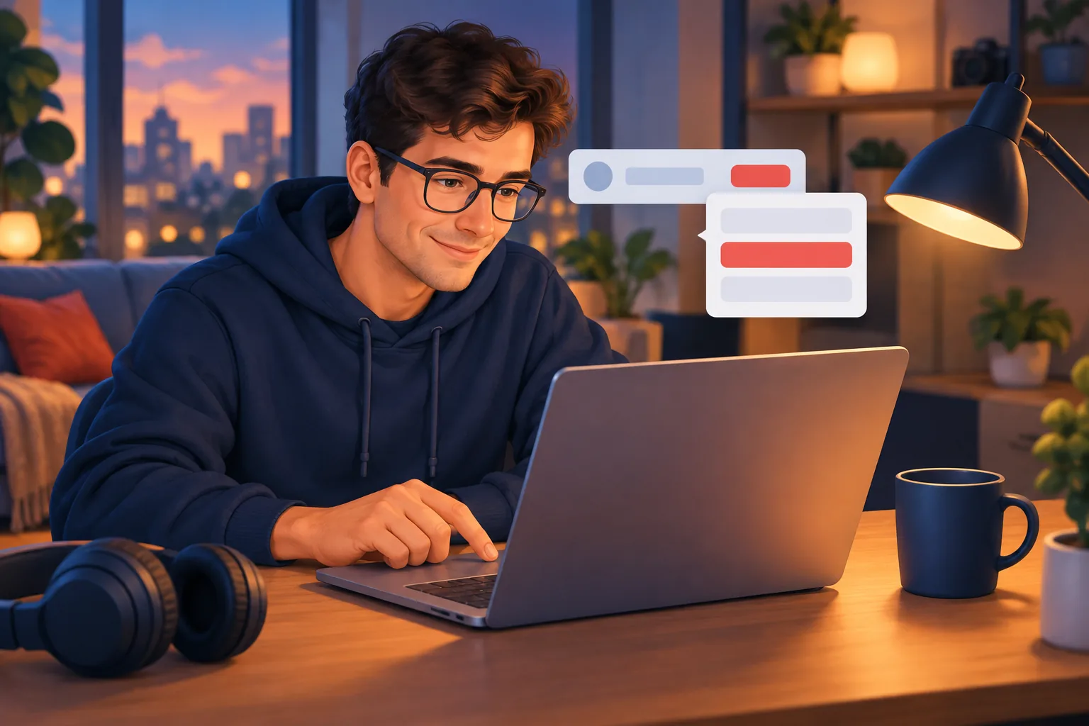 Young man at his desk in the evening picking a new option from a small menu next to a channel's subscribe button