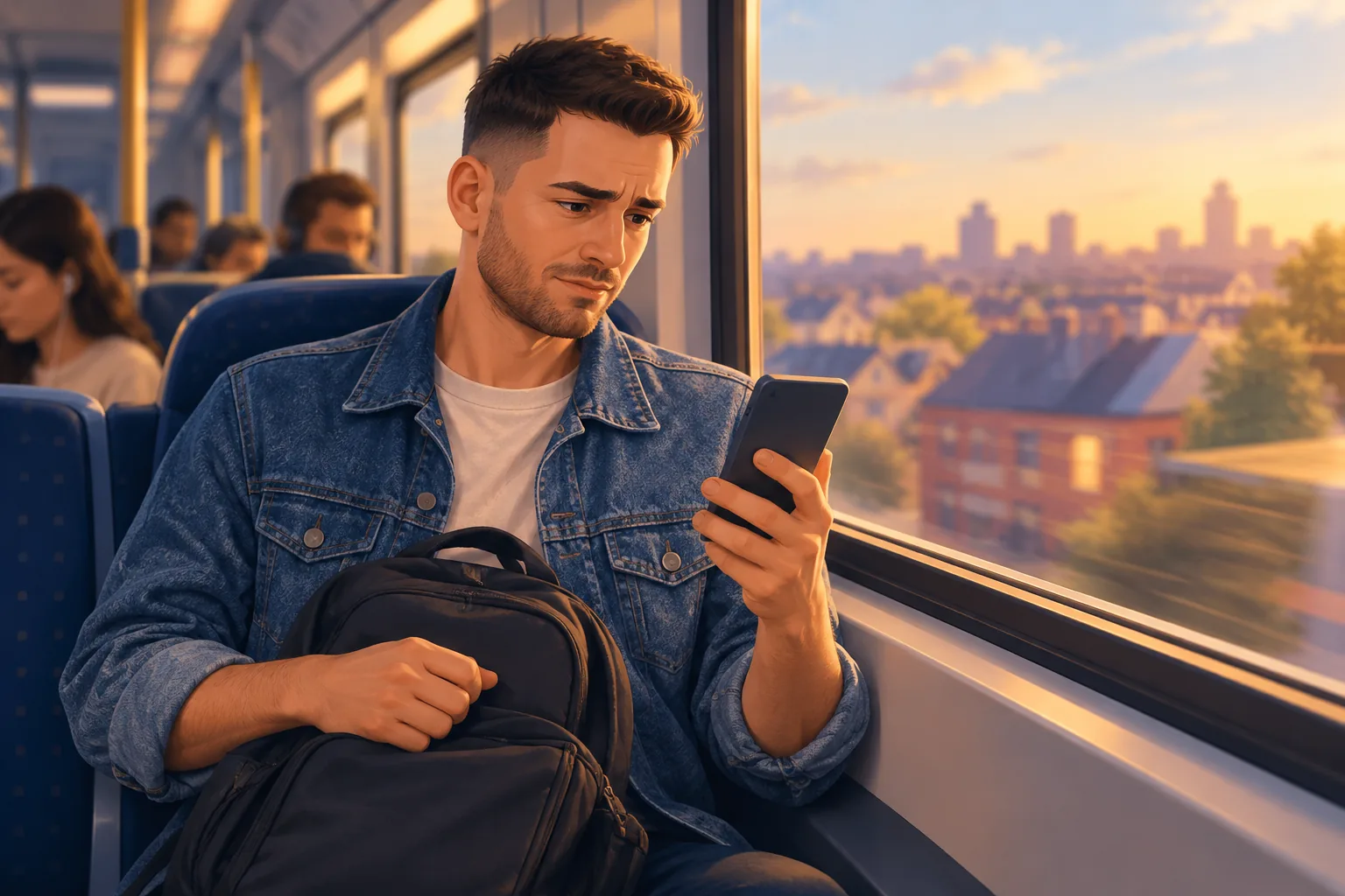 Man on a commuter train in the evening looking at his silent phone, puzzled that a channel's latest upload never pinged him