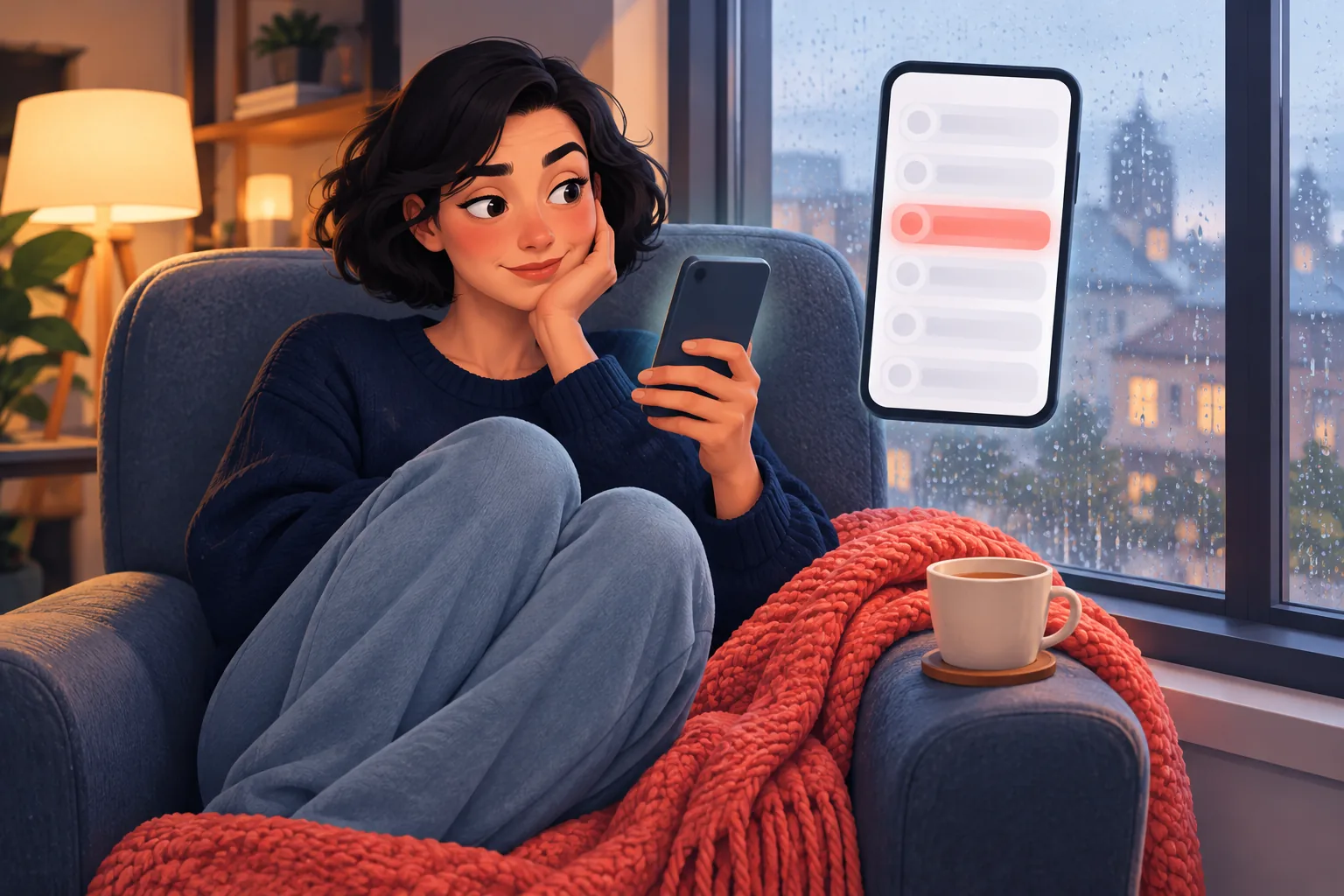 Woman curled in an armchair by a rainy window finding a missed alert inside the app's own notification list