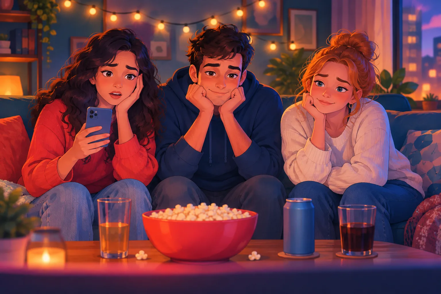 Three friends on a sofa lit by the glow of a live show that started without them, one staring at her phone in dismay